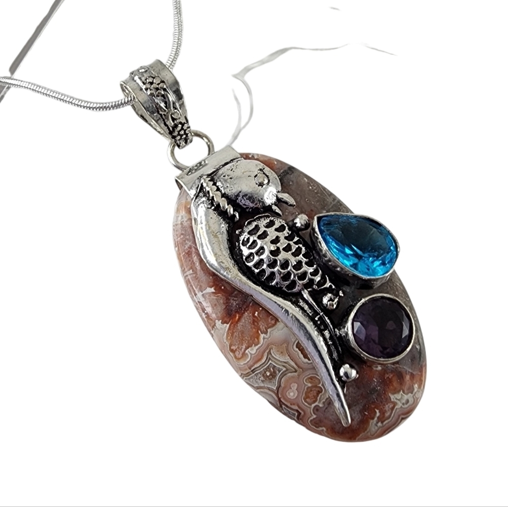 Red lace agate pendant necklace - peacock with simulated blue topaz + amethyst